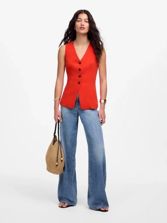 NEW! Madewell Cutaway Long Vest in Bright Flame Red Size 2 - Picture 3 of 10